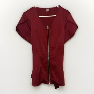 Y2K Zipper Blouse Tulip Short Sleeve Women’s Medium Wine Red Tie Waist Academia